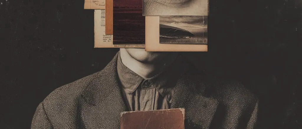 Man in a tweed jacket holding a worn brown book, his face covered by paper scraps showing a large eye and a seascape