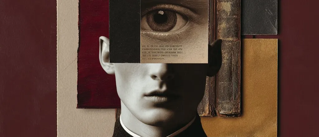 Collage of a young man in a dark collar whose upper face is replaced by a close-up eye, over old books and papers on maroon