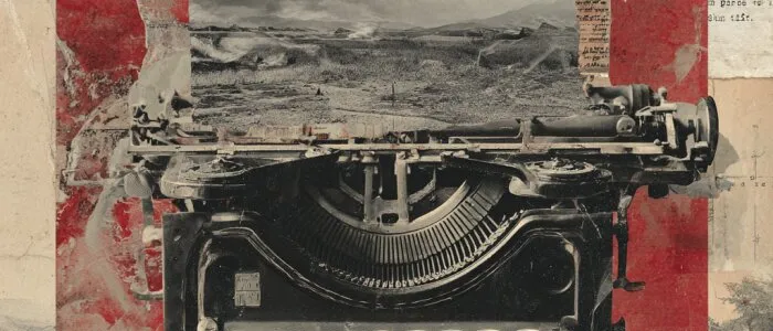 Black vintage typewriter with the word NAME on a cloudy landscape above it, over red and newsprint scraps