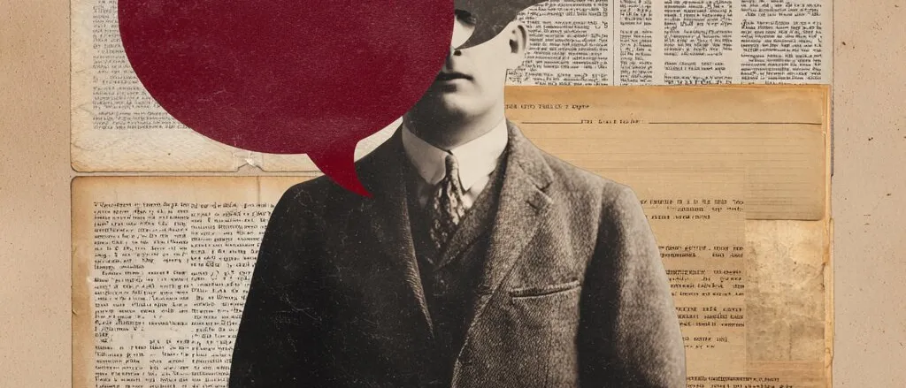 Man in a tweed suit, his face hidden by red and grey speech bubbles, before newspaper pages and stacks of old books