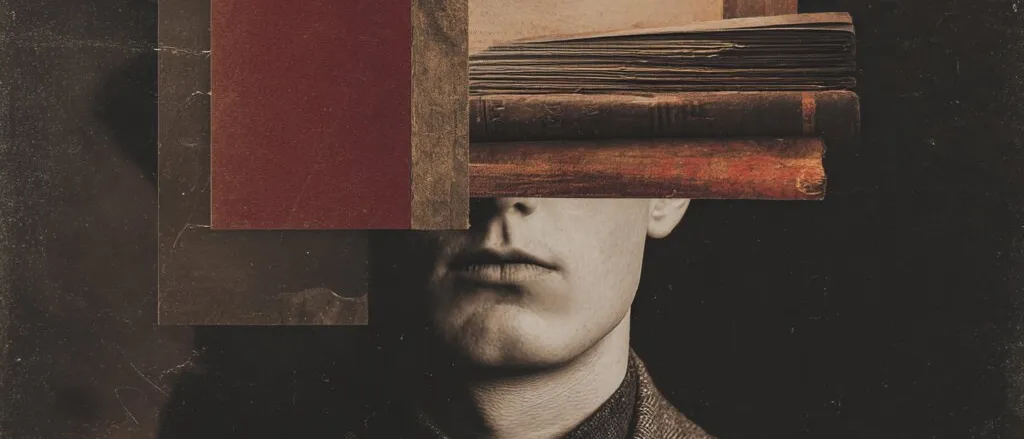 Young man in a tweed jacket, his upper face covered by old books, papers and a dark red panel, one eye showing