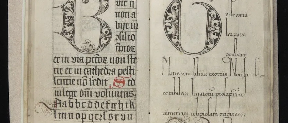 Open manuscript of calligraphy models, with large ornamented letters B and G and lines of Latin script