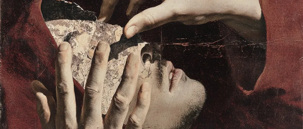 Old-master style collage of a man in a red hood, his face half covered by a torn stone texture, with two pale hands