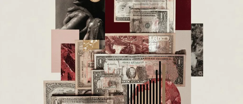 Collage of US dollar bills and coins with a bar chart, a photo of clasped hands and red marbled shapes on a pale ground